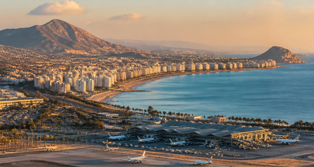 Vista de la costa de Alicante con avion aproximando al aeropuerto