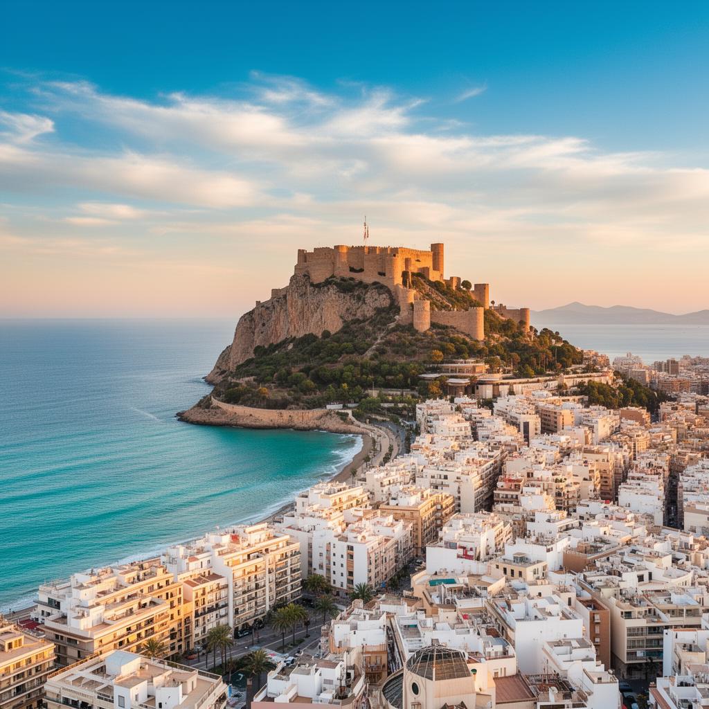 Alicante skyline and coastline with Santa Bárbara Castle overlooking the Mediterranean