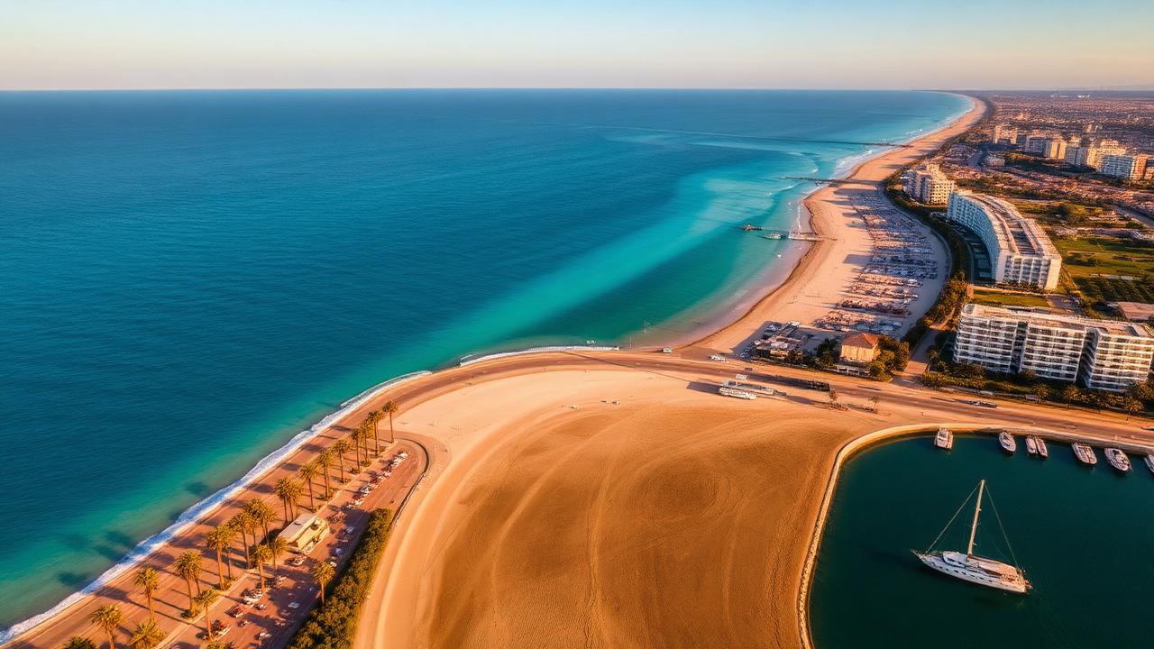 Vista aérea de la costa de la provincia de Alicante con playa, palmeras y marina al atardecer