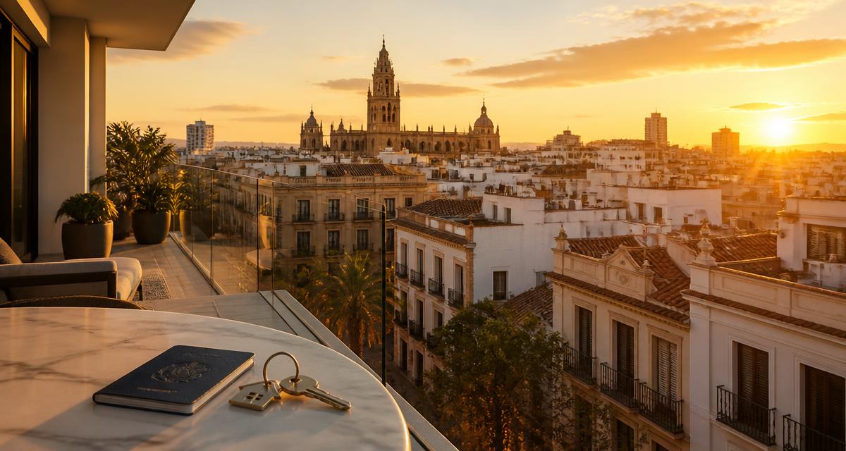 Terraza con vistas al casco historico de una ciudad espanola al atardecer, con pasaporte y llaves sobre la mesa