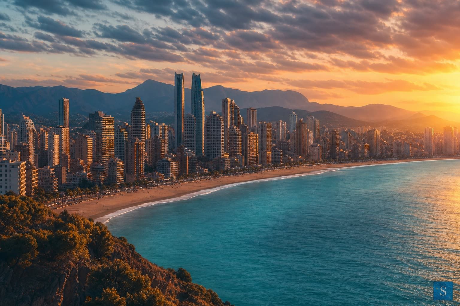 Benidorm skyline of high-rise apartments along Levante and Poniente beaches, Costa Blanca, Spain