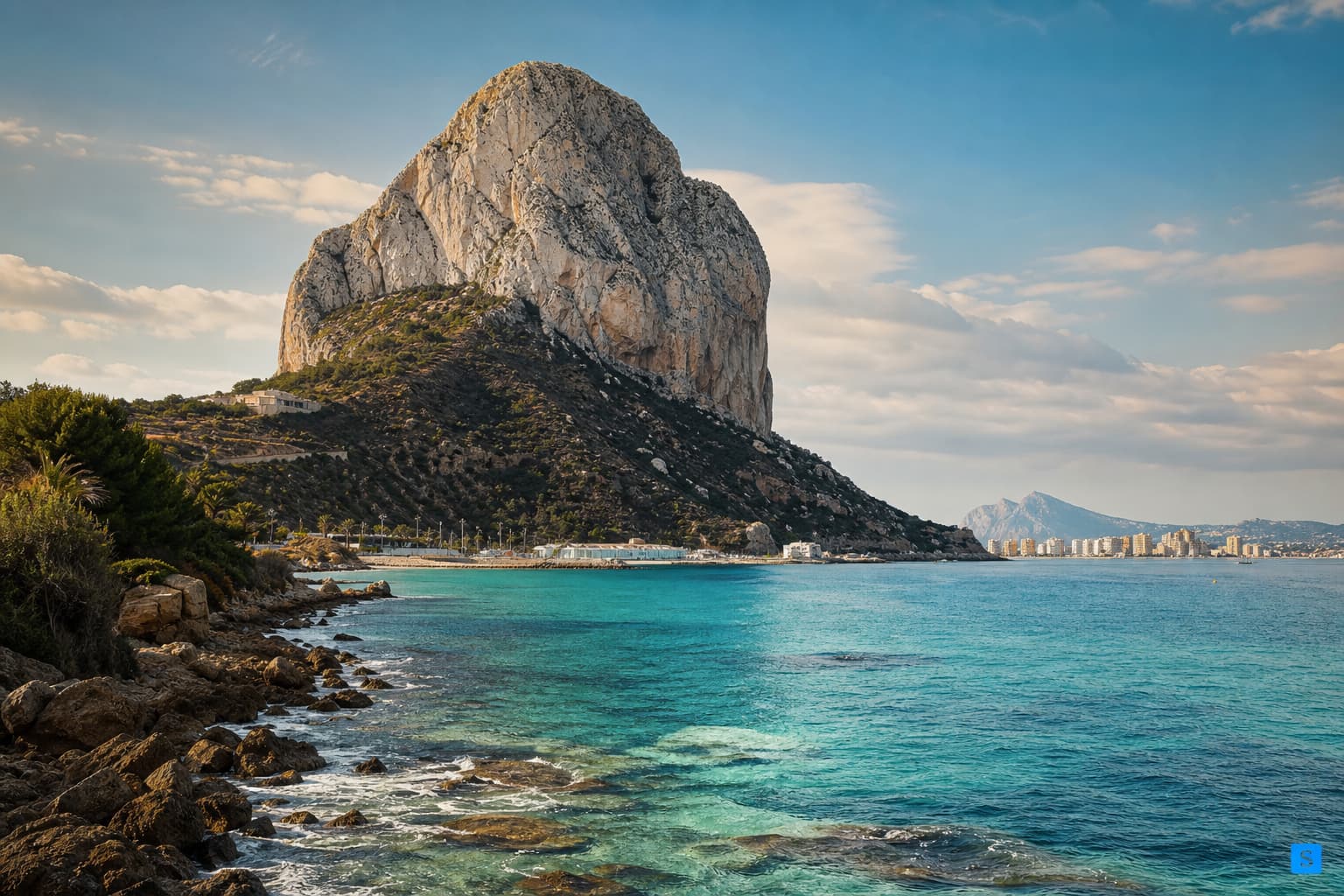 Peñón de Ifach rising above Calpe bay and Mediterranean coastline, Costa Blanca