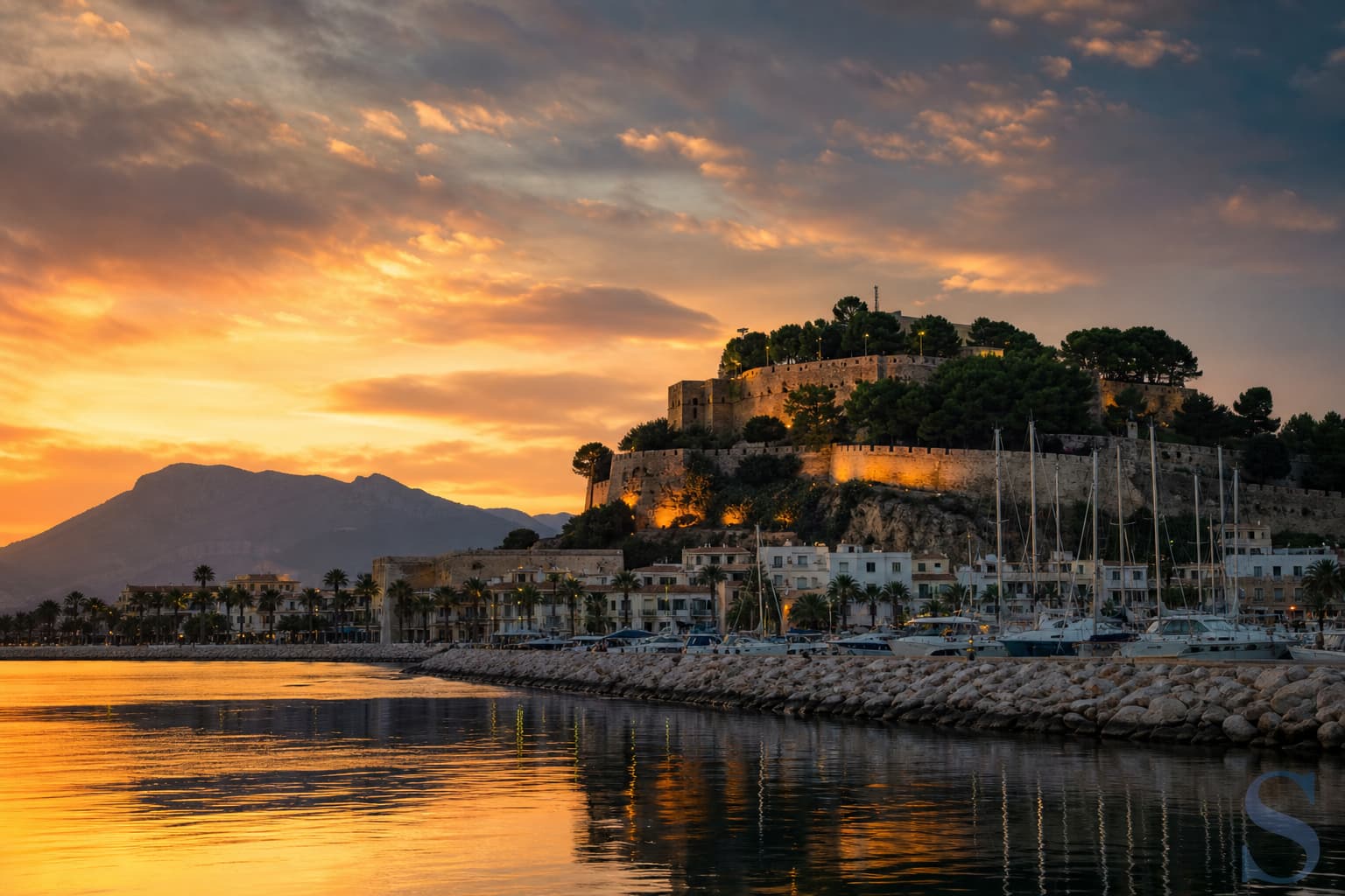 Denia castle and marina facing Montgó and the Mediterranean, Costa Blanca