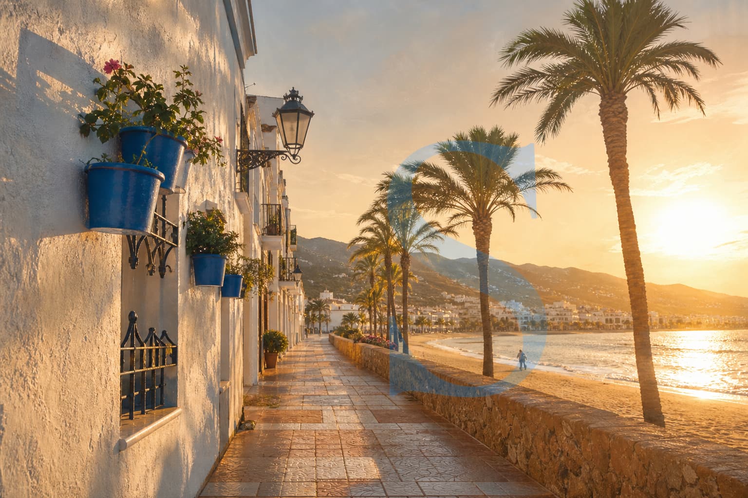 Estepona old town flower pots and Mediterranean seafront, Costa del Sol