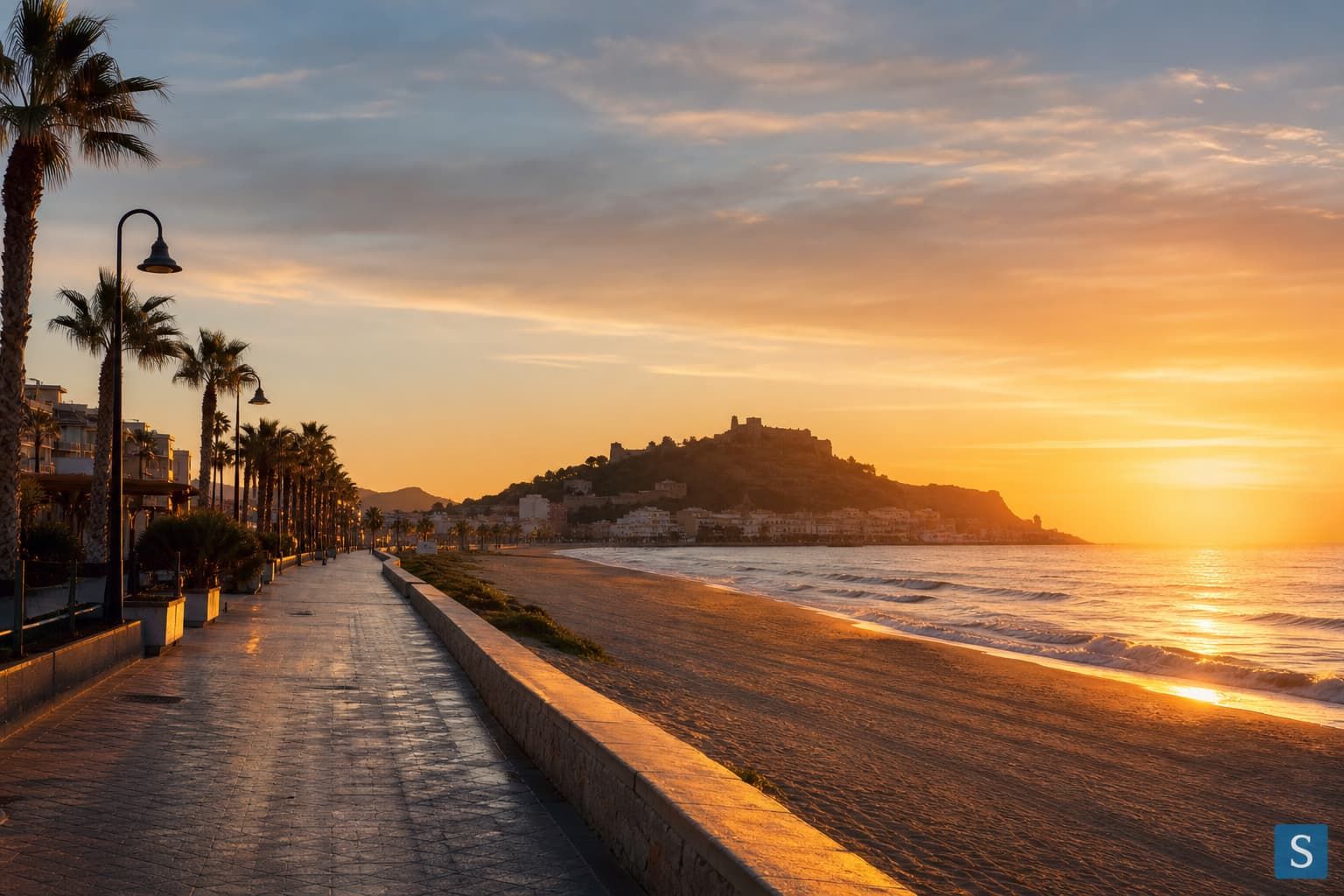 Fuengirola beach promenade and Sohail castle on the Costa del Sol, Spain