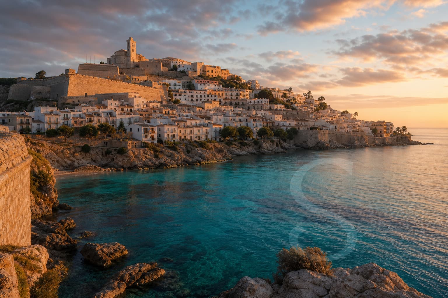 Ibiza old town Dalt Vila and Mediterranean harbour, Balearic Islands