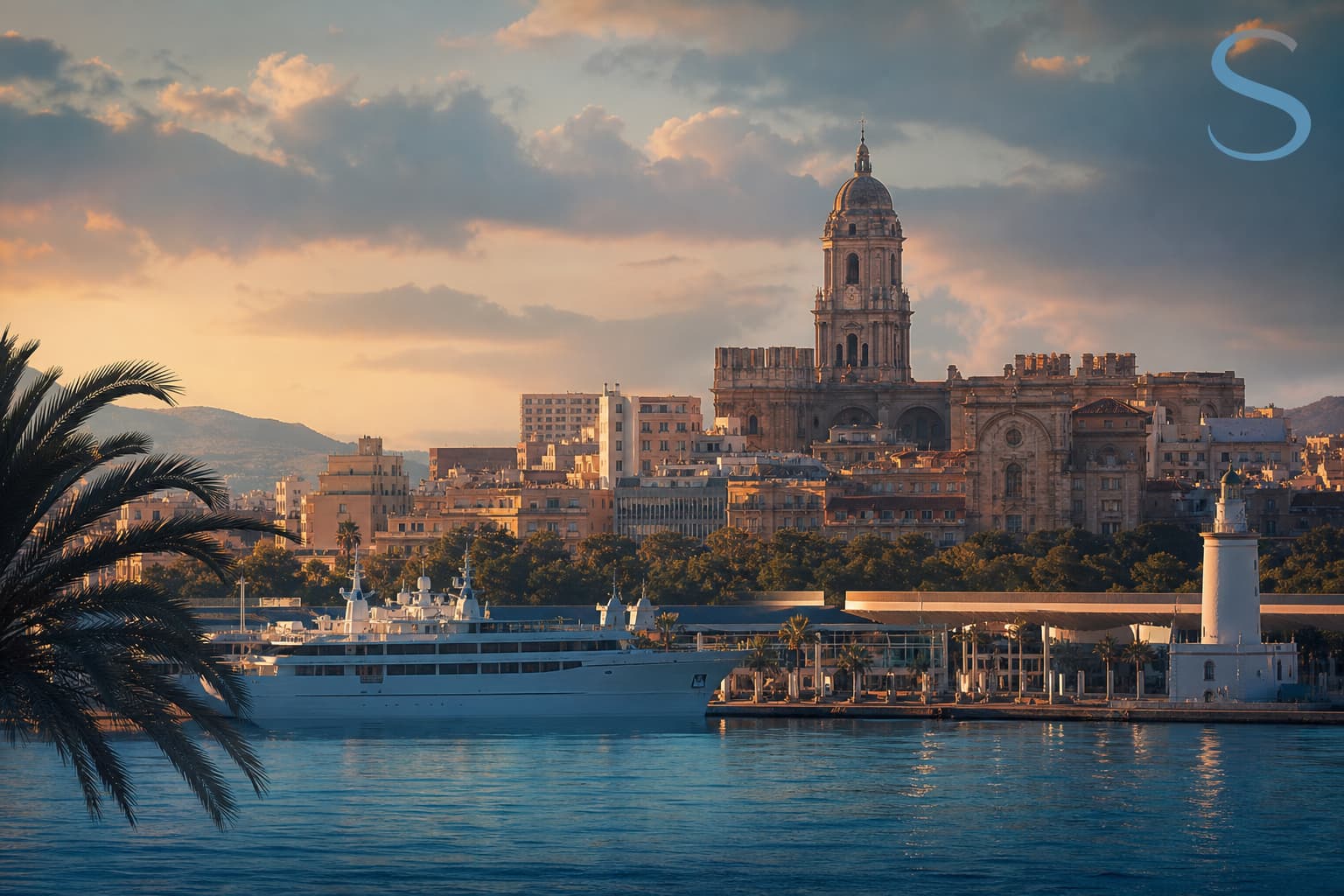 Málaga harbour, cathedral and Mediterranean waterfront on the Costa del Sol