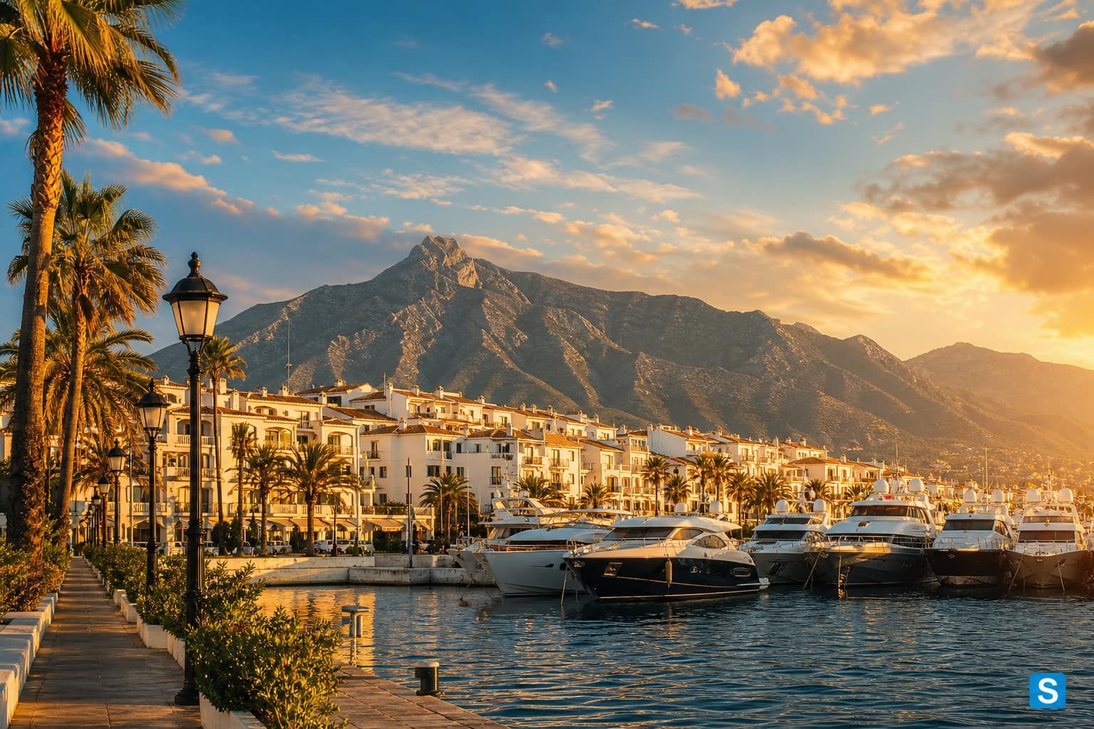 Golden Mile coastline and Mediterranean seafront of Marbella on the Costa del Sol, Spain