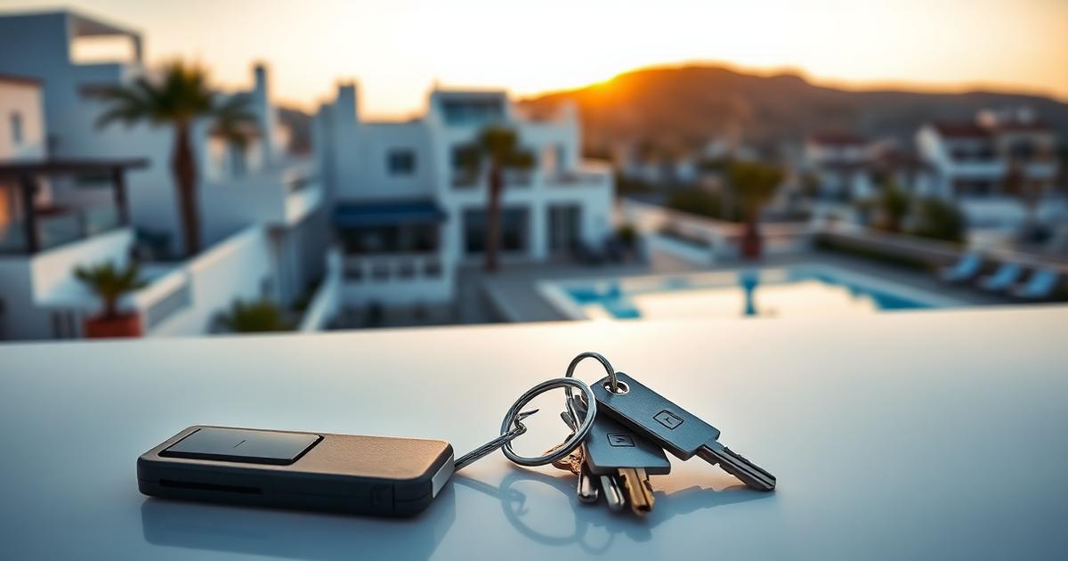 Llaves de una vivienda sobre una mesa frente a apartamentos en la costa española