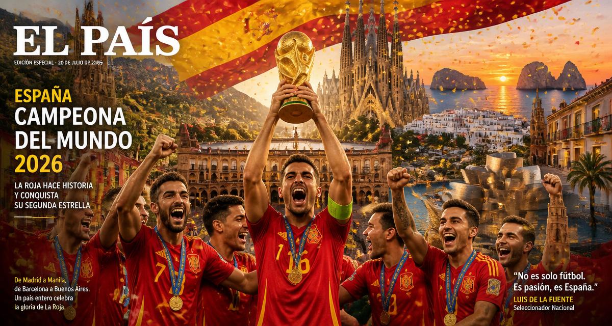 Portada editorial: España campeona del Mundial 2026 con jugadores levantando la copa y ciudades españolas de fondo