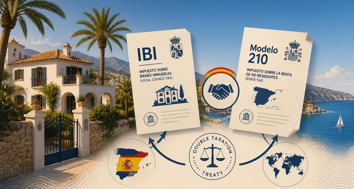 Ilustración editorial: villa española con documentos IBI y Modelo 210 y símbolo de doble imposición internacional