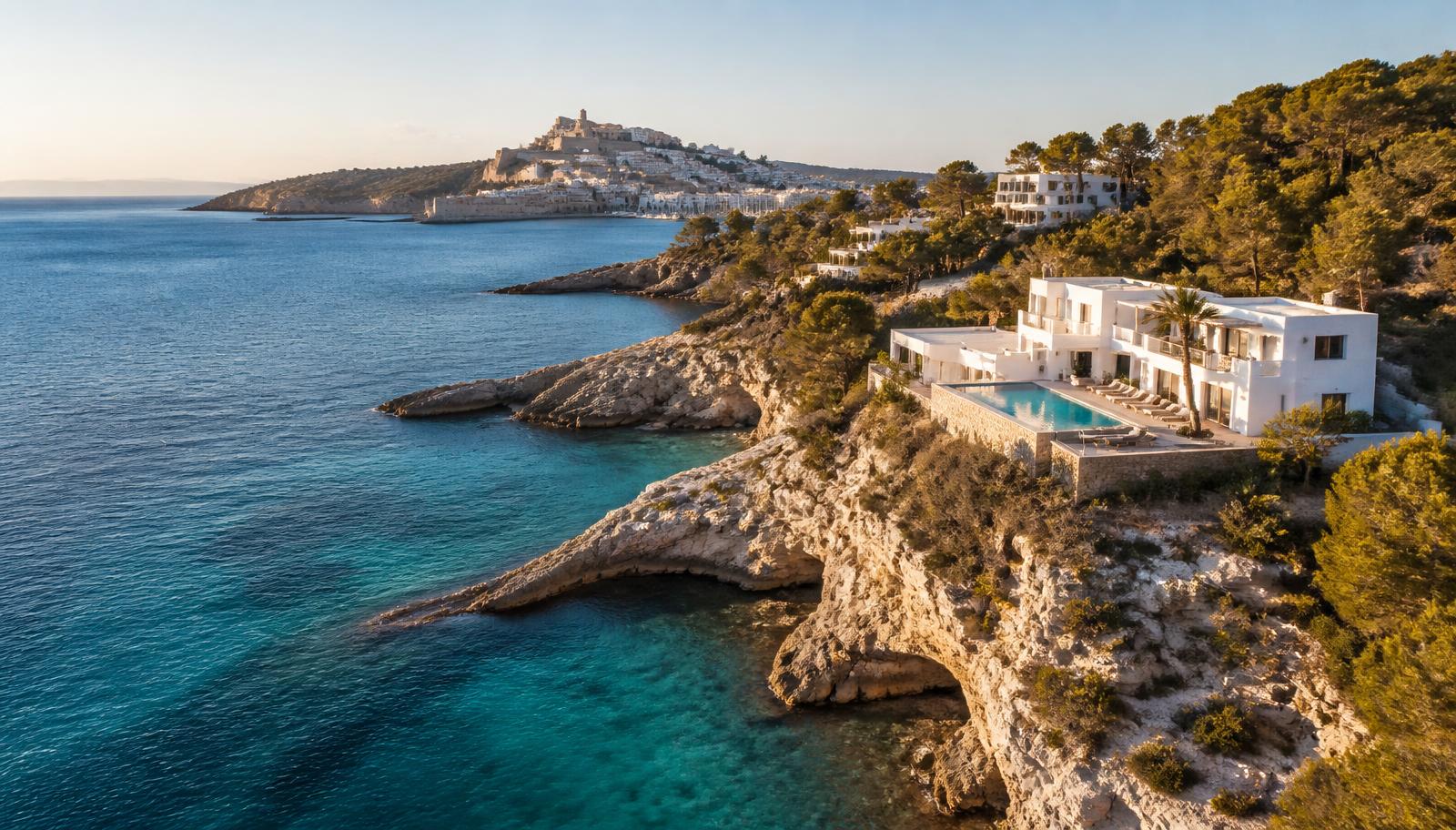 Cala de aguas turquesas en Ibiza con villa blanca de lujo y Dalt Vila al fondo