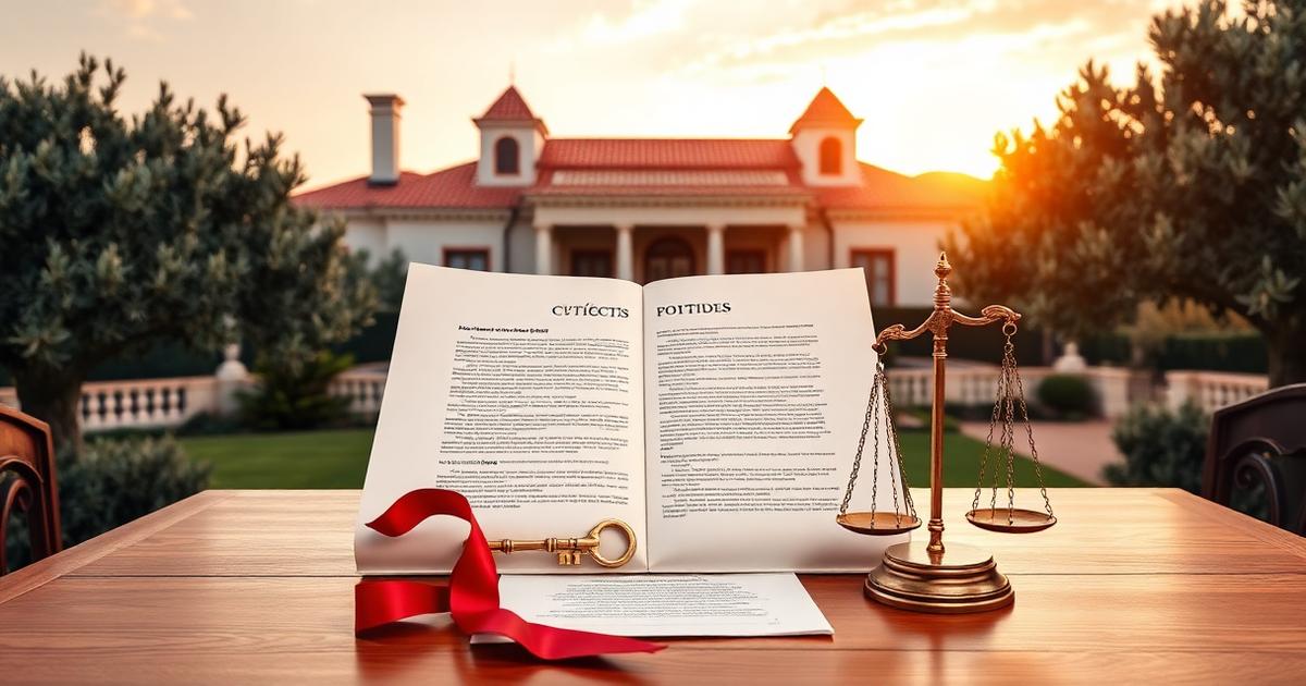 Villa española con documento notarial de sucesión, llave dorada y balanza — guía del Impuesto sobre Sucesiones para no residentes