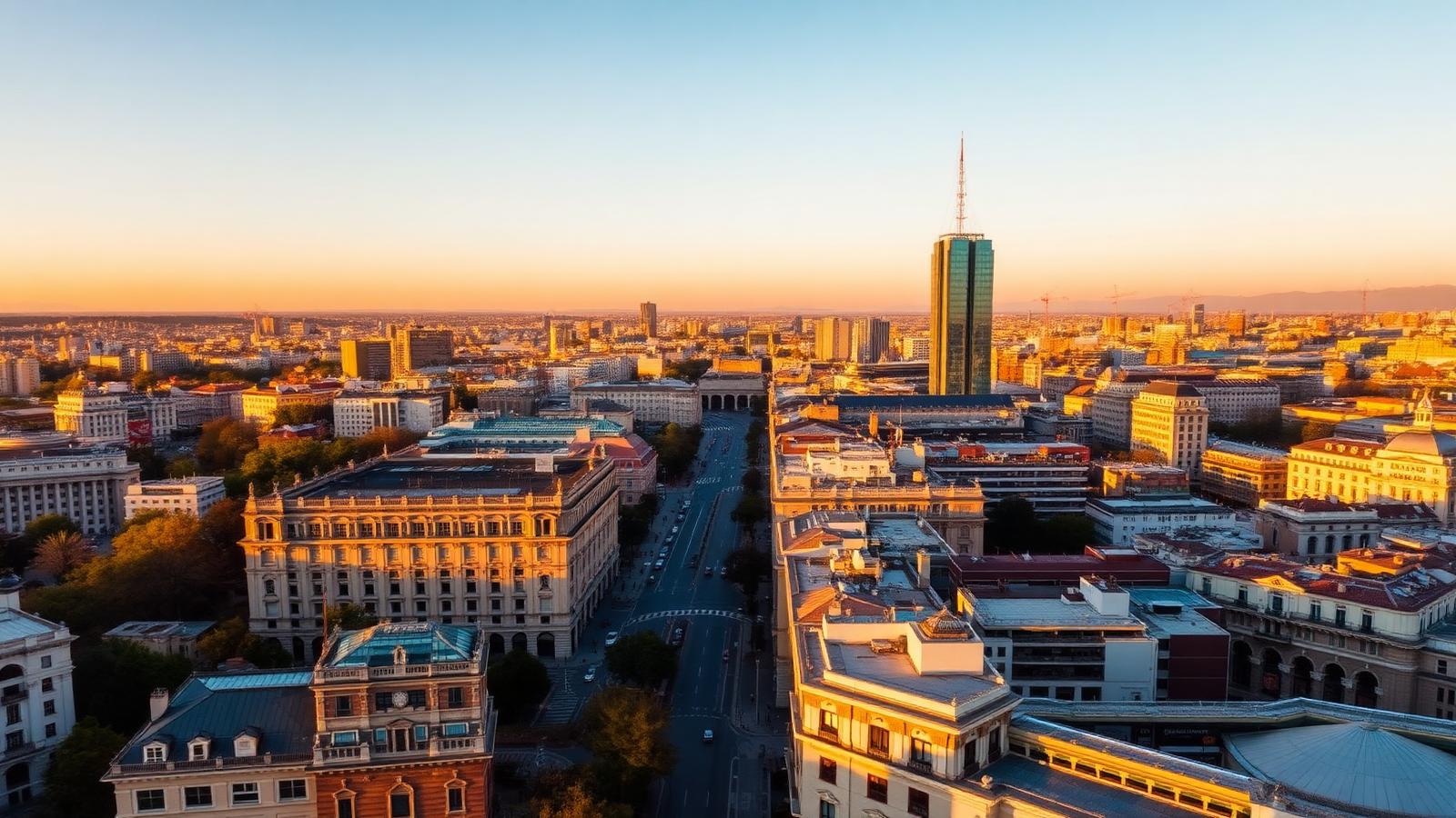 Vista aérea del skyline de Madrid con Cuatro Torres, Gran Vía y el barrio de Salamanca al atardecer