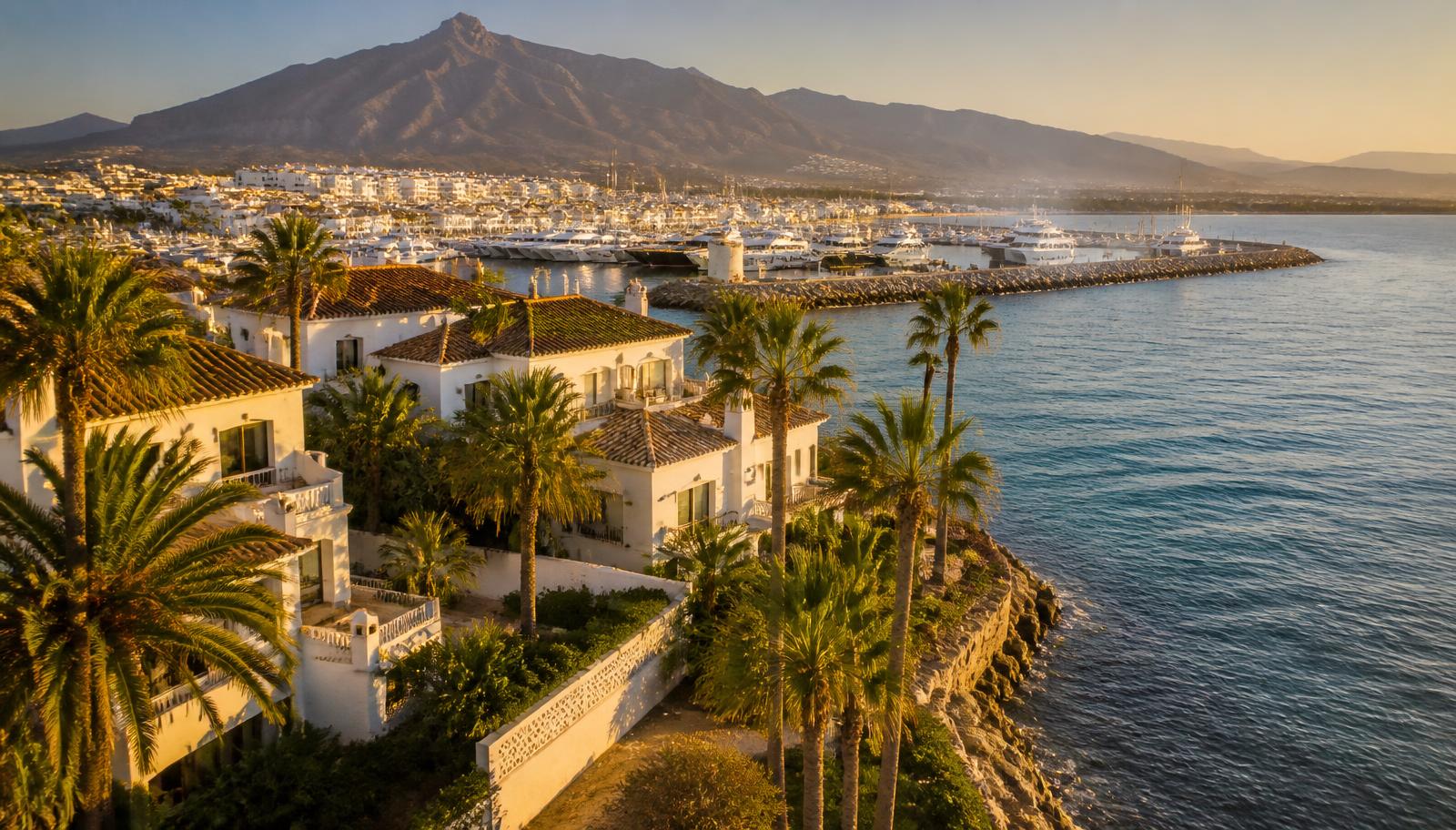 Villa de lujo con piscina frente al mar en Marbella al atardecer