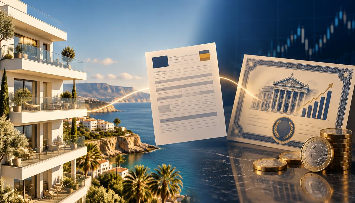Edificio residencial en la costa española junto a monedas de euro y un certificado de dividendos