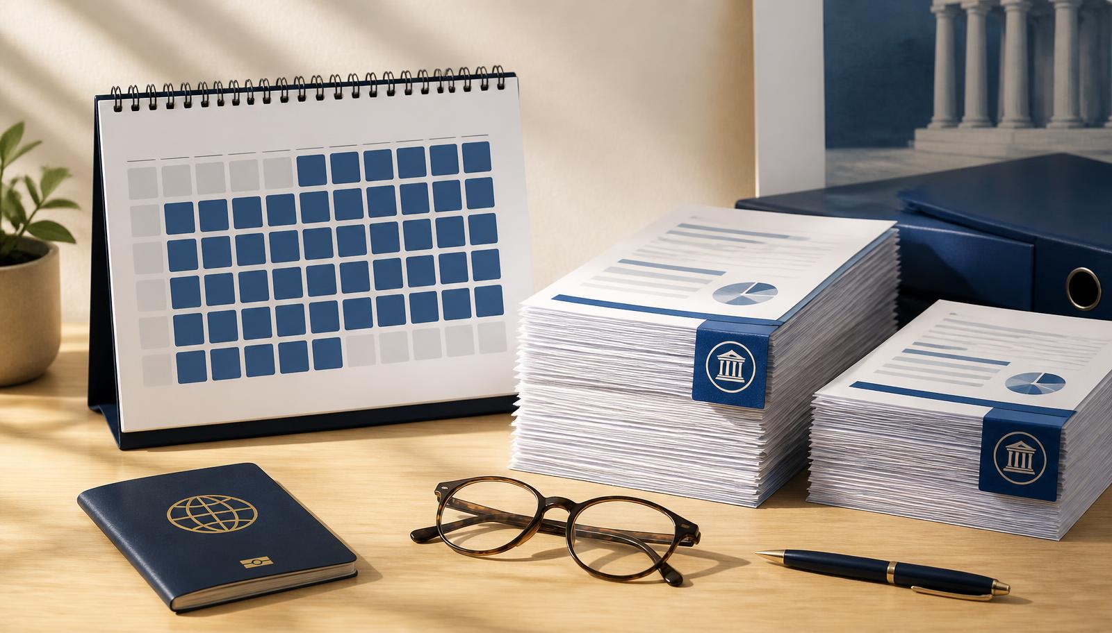Ilustración editorial: calendario con 183 días marcados, documentos del Modelo 210 y del IRPF español sobre un escritorio