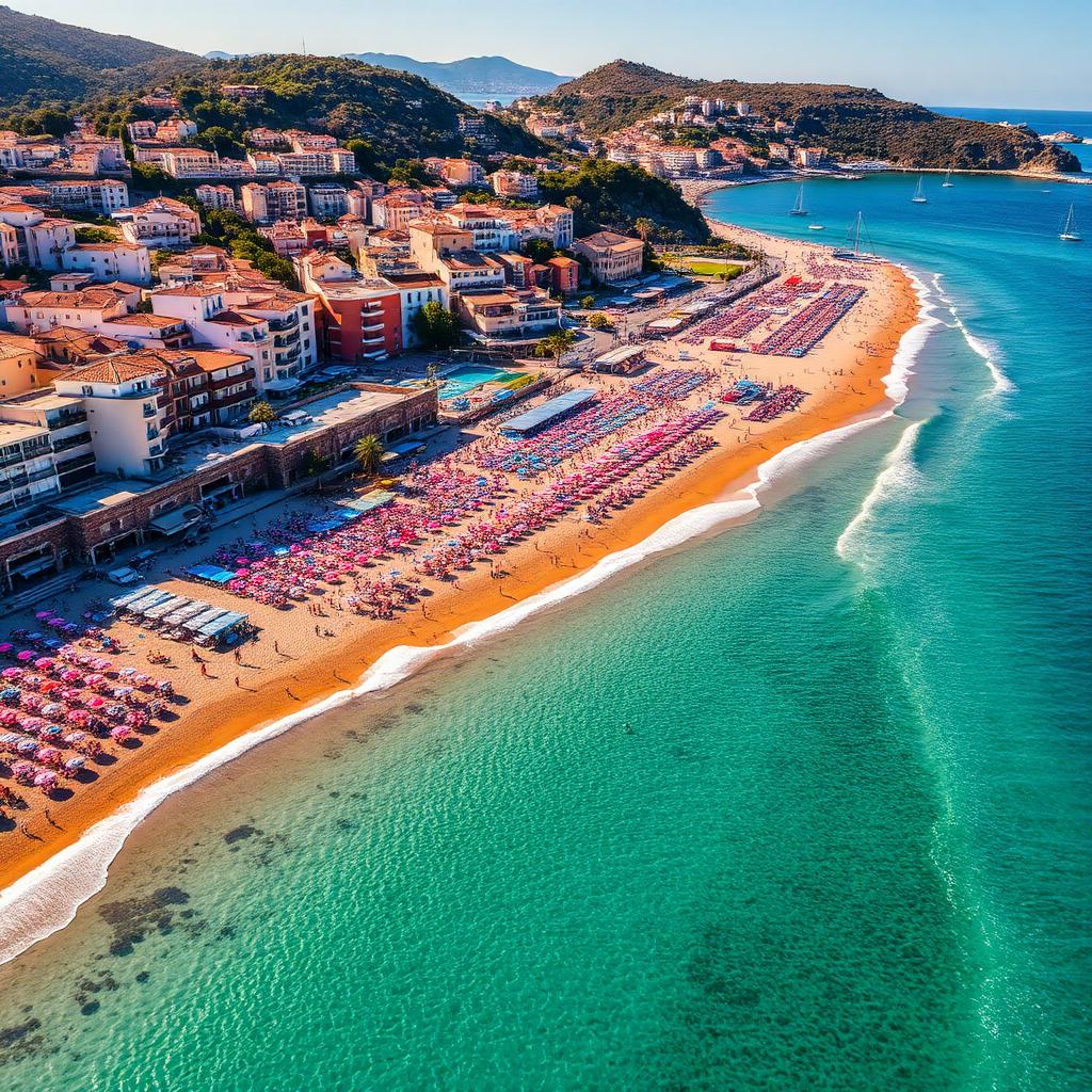 Vista aérea de una playa mediterránea española abarrotada en verano con sombrillas, agua turquesa y pueblo costero al fondo